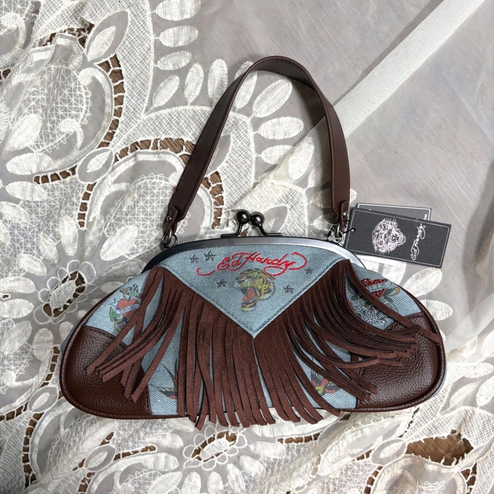 Y2K Grunge Ed Hardy Denim Fringe Kiss Lock Handbag Tattoo Print Tiger Logo